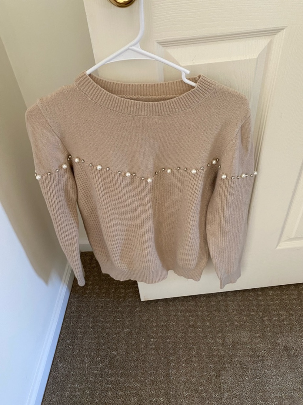 SHEIN Pearl-Trim Crewneck Sweater in Beige